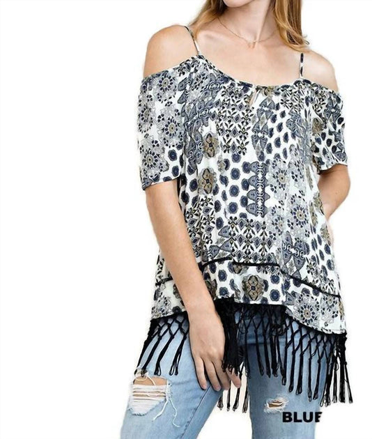 KORI Off The Shoulder Fringe Top In Blue Mix | ShopSimon