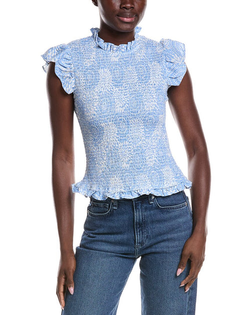 Sail to Sable Smocked Flutter Haut Mélange Lin Bleu XLarge 2