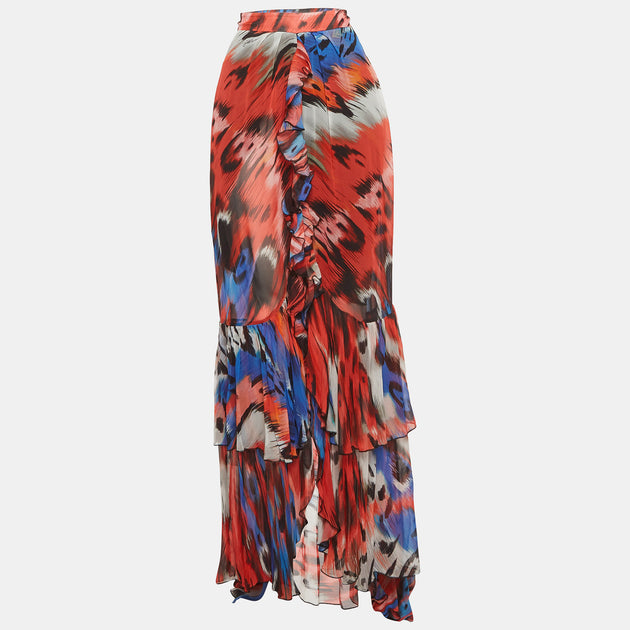 Just Cavalli Abstract Print Crepe Maxi Skirt Red Medium 2