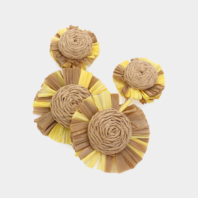 FASHNZFAB Raffia Flower Dangle Earrings Brown Gold 2