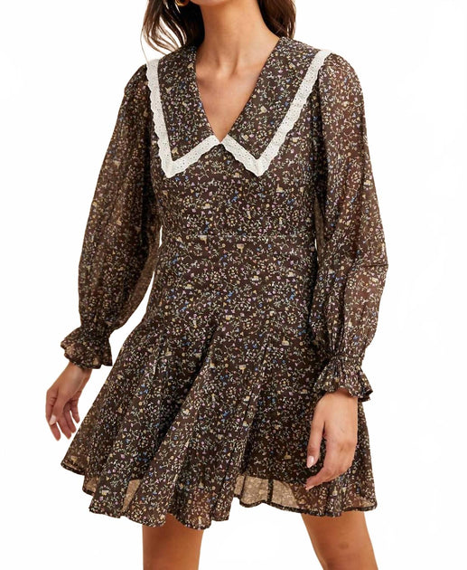 IN-LOOM Peter Pan Collar Flared Mini Dress Brown Small 2