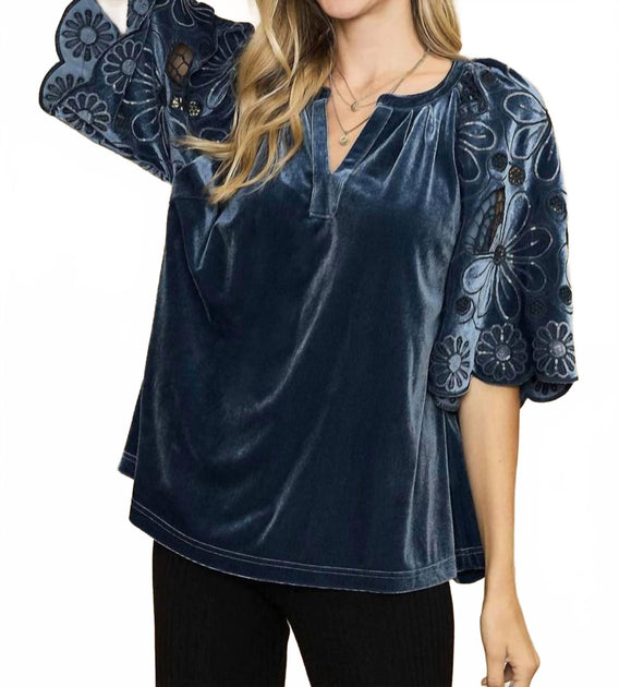 Umgee Velvet Cutworks Sleeve Blouse Blue Large 2
