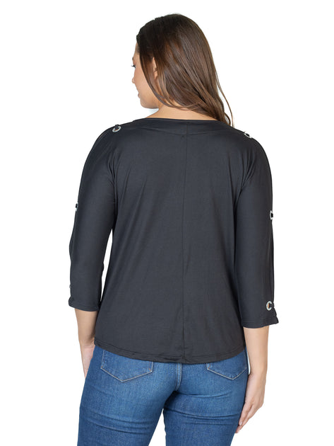 24seven Comfort Apparel Three Quarter Sleeve Cold Shoulder Top Black Small 4