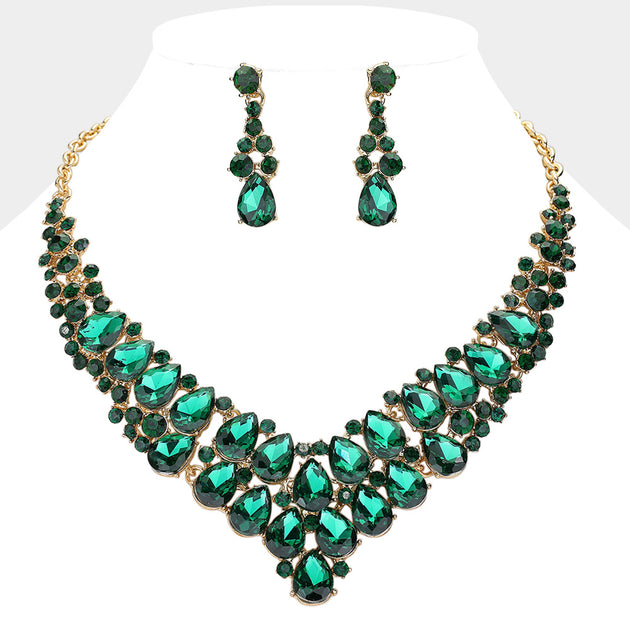 FASHNZFAB Teardrop Stone Cluster Collar Necklace Green 2