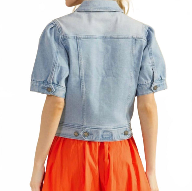 Veveret Short Puff Sleeve Denim Jacket Blue Medium 3