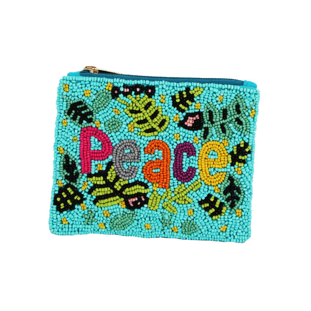 Fashnzfab Peace Message Leaf Pattern Seed Beaded Mini Pouch Bag Green 3