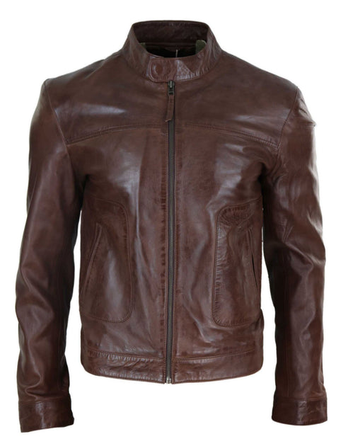 TruClothing Classic Leather Biker Jacket Collarless Brown Small 2