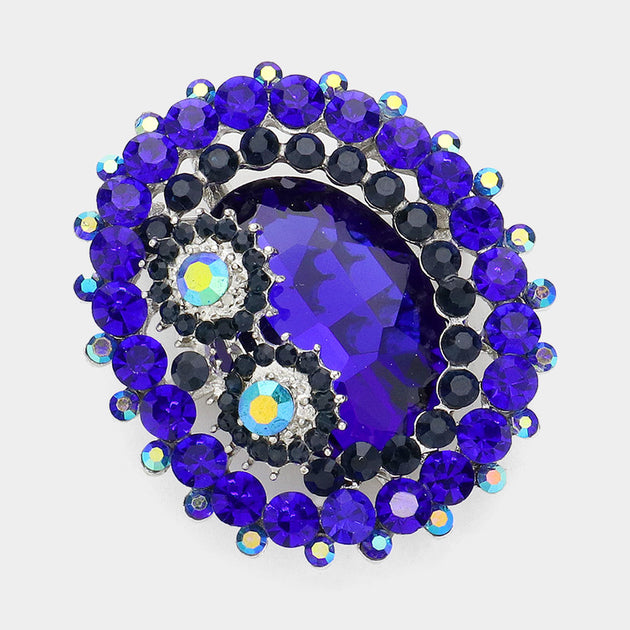 FASHNZFAB Oval Glass Crystal Double Flower Pin Brooch Silver 2