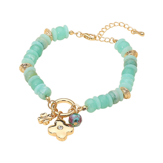 FASHNZFAB Quatrefoil Floral Charm Perlenarmband Gold Grün Einheitsgröße 3