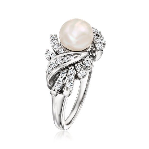 Ross-Simons Cultured Pearl Diamond Ring Silver US 8 4