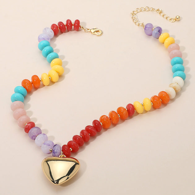 FASHNZFAB Puffy Heart Beaded Necklace Gold 4