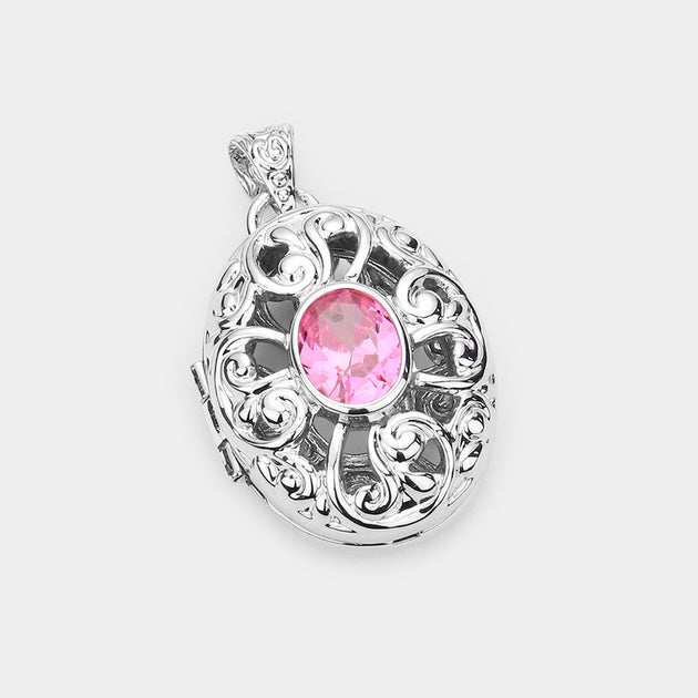 FASHNZFAB CZ Oval Filigree Metal Locket Pendant Pink 4