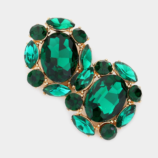 FASHNZFAB Multi Stone Cluster Oval Evening Earrings Green 2