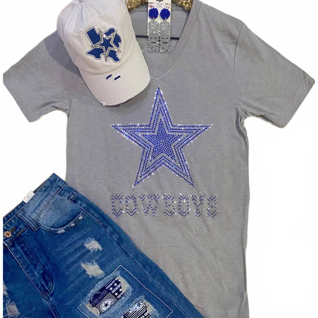 Sparkle Dallas Cowboys Rhinestone V-Neck Tee Grey 2X 2