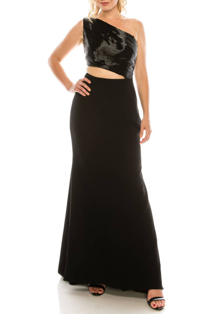 Carmen Marc Valvo Beaded One Shoulder Evening Gown Black US 8 2