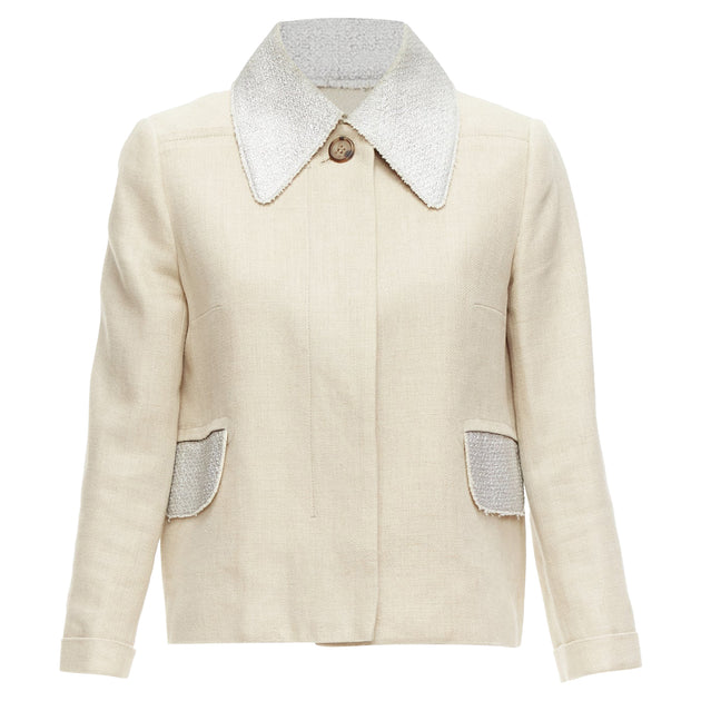 CARVEN Linen Cotton Blend Tweed Collar Button Boxy Jacket | ShopSimon