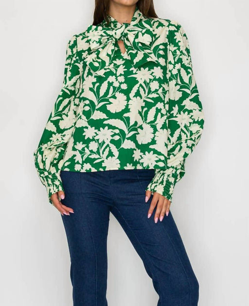 Love Wednesday Print Bow Tie Blouse Green Small 2