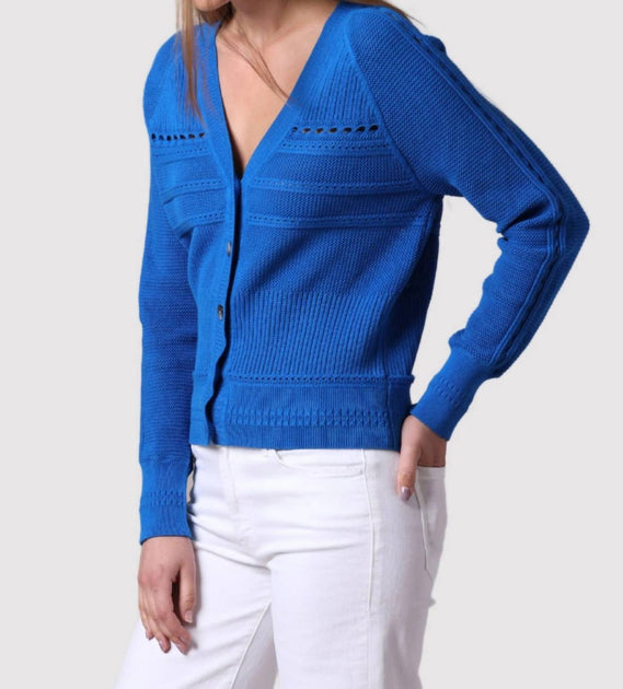 Minnie Rose Pointelle Mix V-Neck Cardigan Blue XSmall 3