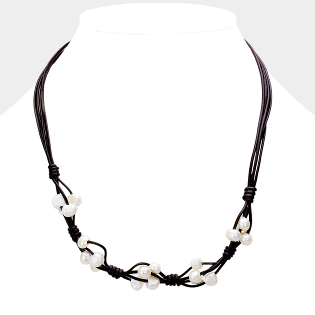 FASHNZFAB Freshwater Pearl Faux Leather Necklace Black 2