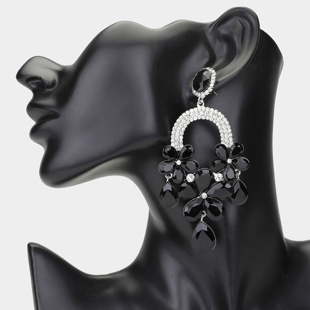 FASHNZFAB Flower Teardrop Stone Embellished Chandelier Dangle Earrings Red 4