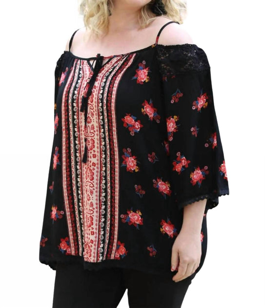 Angie Floral Twin Print Cold Shoulder Top Black Plus Size 2X 2