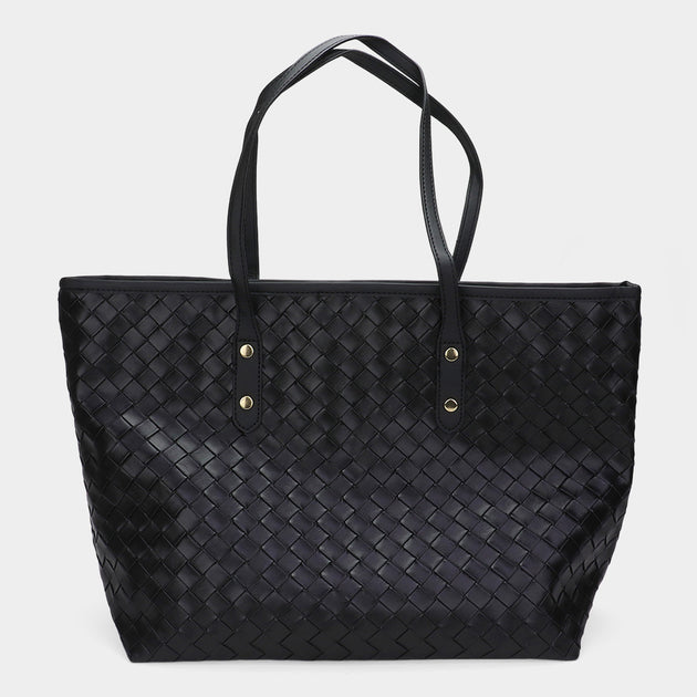 FASHNZFAB Faux Leather Weave Tote Bag Gold One Size 4
