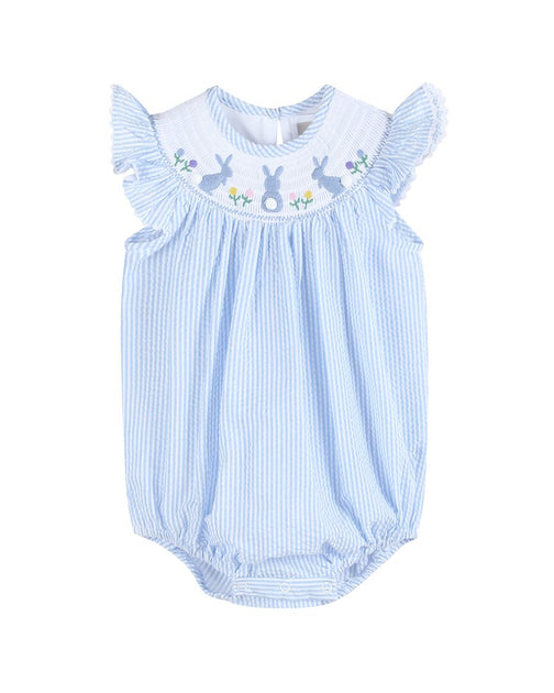 Lil Cactus Seersucker Easter Bunny Smocked Flutter Romper Blue 9-12 Months 2