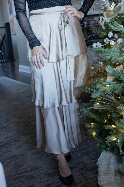 EN CREME Sadie Satin Maxi Skirt Beige Large 2
