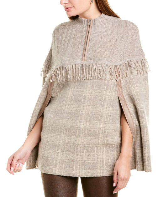Raffi Plaid Zip Cashmere Poncho Beige One Size 2