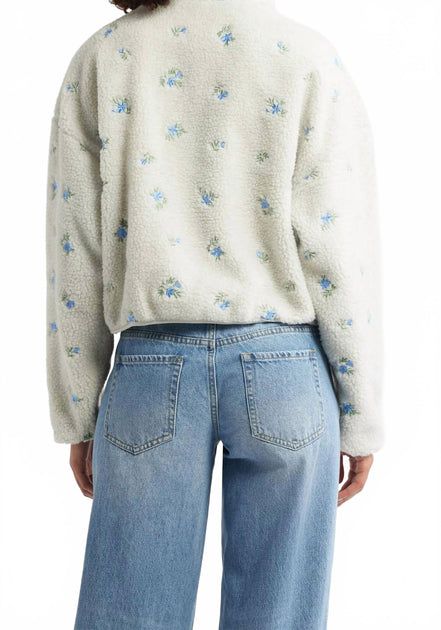 The Happy Camp3r Elle Periwinkle Petals Fleece Half Zip Pullover White XLarge 4
