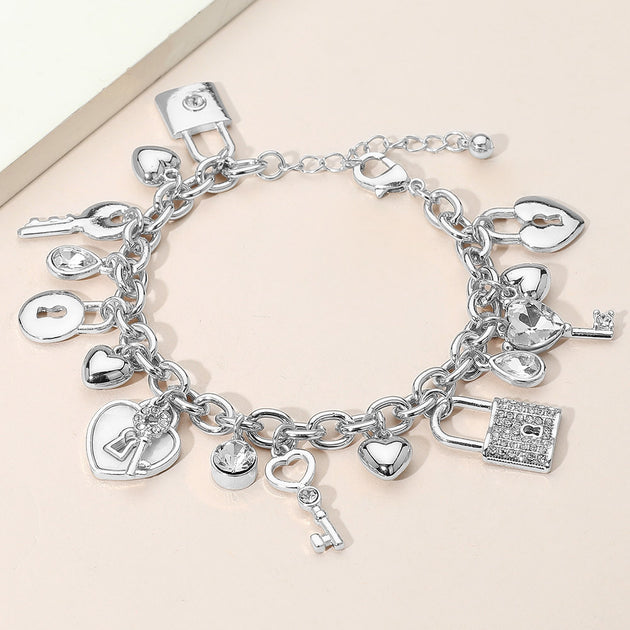 FASHNZFAB Heart Key and Lock Charm Station Bracelet Silver One Size 2