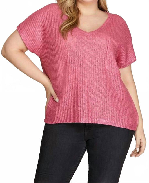SHE + SKY Short Sleeve V-Neck Sweater Pink XLarge 2