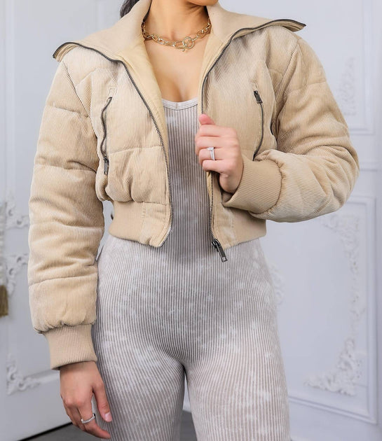SurelyMine Keep Up With Me Crop Corduroy Puffer Jacket Beige Medium 2