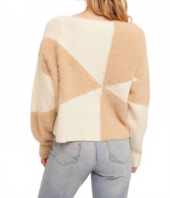 Hem & Thread Fuzzy Color Block Sweater Beige Medium 4