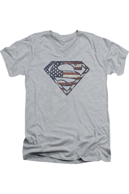 Gildan Superman War-Torn Flag V-Neck T-Shirt Grey Small 2