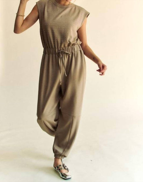 DAVI & DANI Crew Neck Rhinestone Jumpsuit Beige Large 2