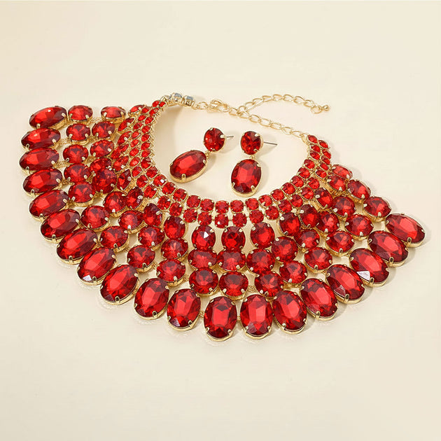 FASHNZFAB Crystal Glass Bib Necklace Red One Size 2