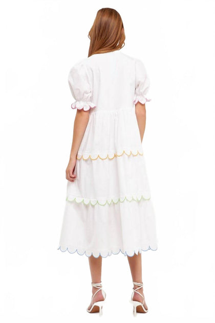 2.7 August Apparel Scallop Edge Puffy Short Sleeve Midi Dress White Small 3
