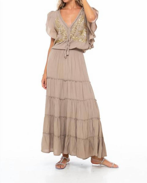 SKEMO Abend Maxikleid mit Pailletten Beige S 2