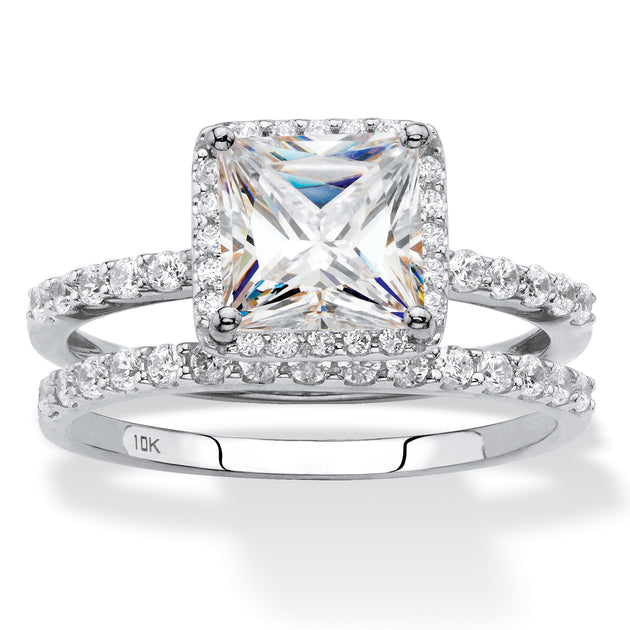 Palm Square Cubic Zirconia 10k White Gold Wedding Ring Set Silver US 7 2