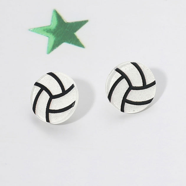 FASHNZFAB Resin Volleyball Stud Earrings White Silver 2