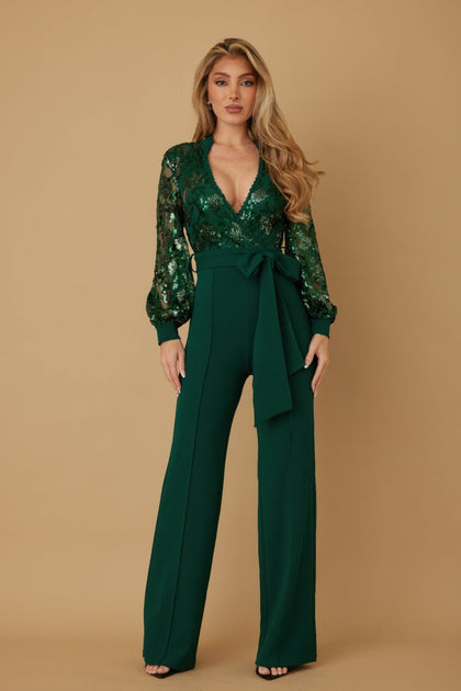 TRUEDAMES Flower Vein Sequin Print Jumpsuit Red Small 3