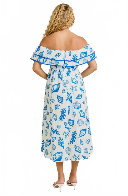 LE LIS Shelly Off Shoulder Midi Kleid Blau XS 4