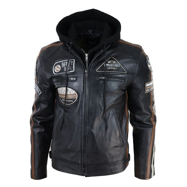 TruClothing Hooded Zipped Biker Leather Jacket Black 5XLarge 4