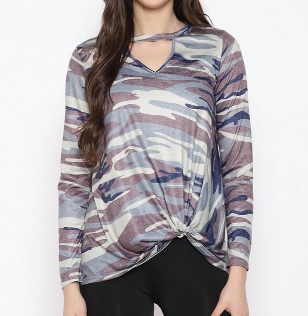 Shirley Stone Camo Keyhole Knot Top Blue 2X 2