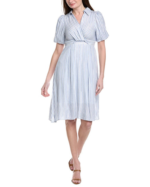 Gracia Striped V Collar Neck Dress Blue Small 2