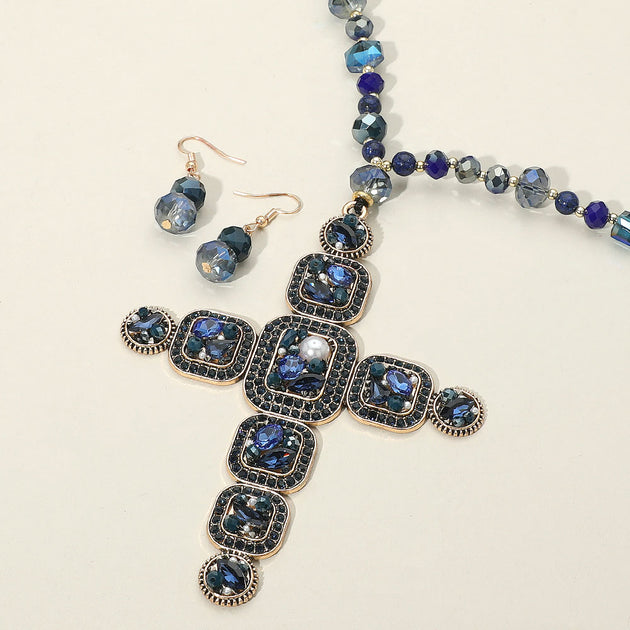 FASHNZFAB Stone Pearl Embellished Cluster Cross Pendant Beaded Necklace Set Blue One Size 2