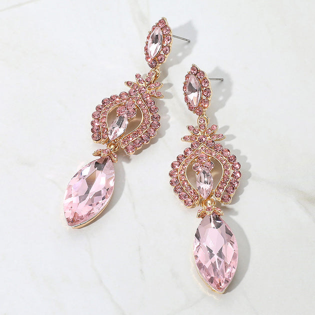 FASHNZFAB Marquise Glass Crystal Dangle Earrings Pink 3