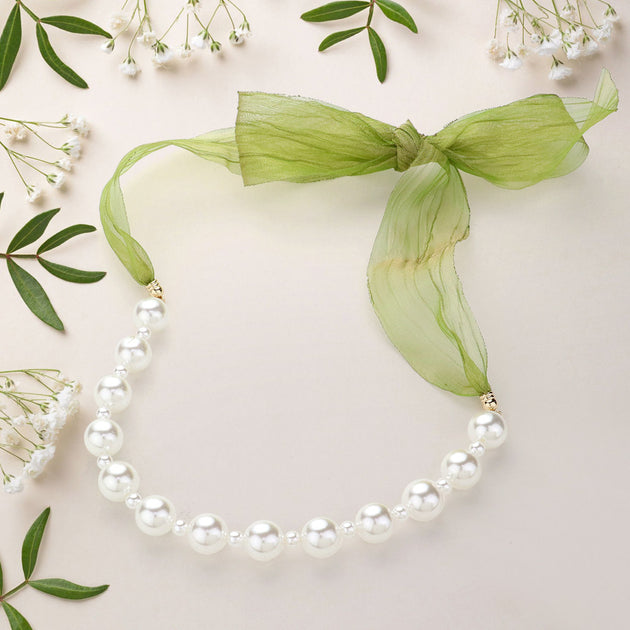 FASHNZFAB Ribbon Pearl Necklace Pink 3