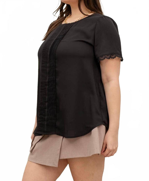 Perch by Blu Pepper Short Sleeve Lace Trim Pleated Top Black 1X 3